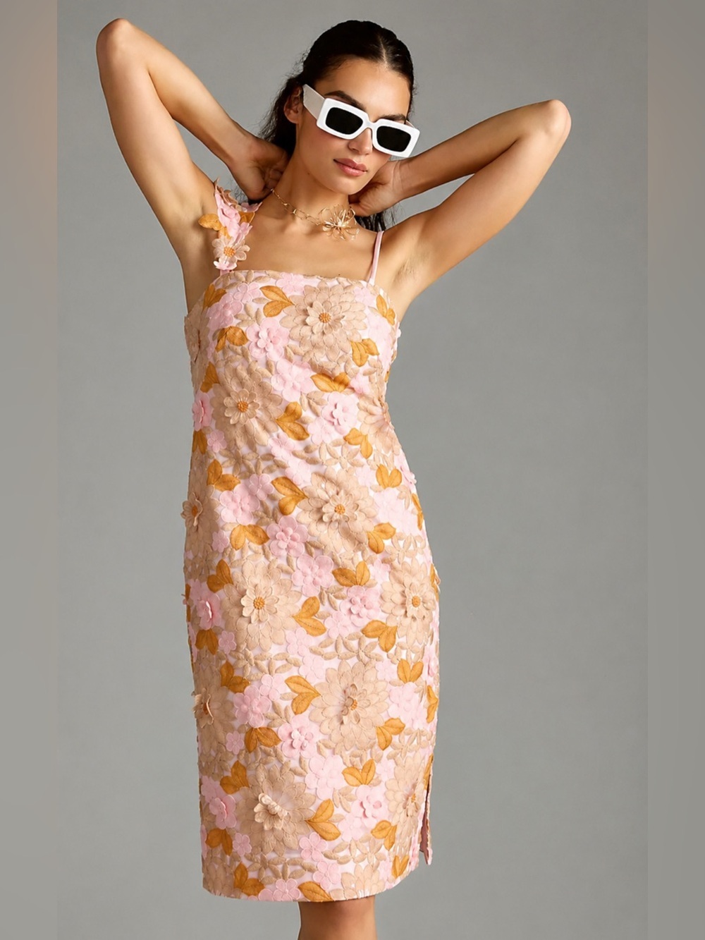 Anthropologie Women's Pink Floral Embroidered Sheath Dress Size-2 Soft Retro